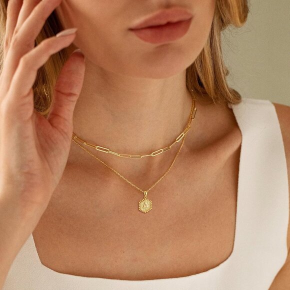 Elegant 18K Gold Layered Initial Necklaces for Women with Hexagon Charm, Perfect - Picture 2 of 7